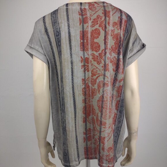 Peruvian Connection gray black orange damask striped short sleeve shirt Medium - Picture 4 of 7